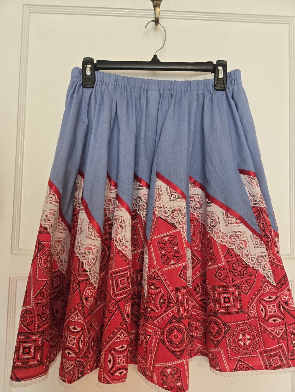 Vintage Light Blue and Bansana Print Red Patterned Square Dance Skirt Small